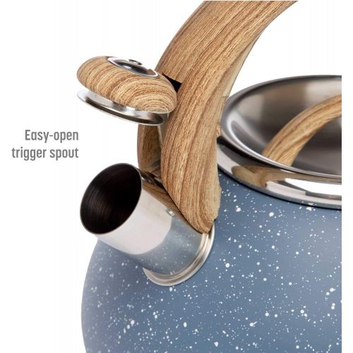  Goodful Stainless Steel Whistling Tea Kettle for Stovetop, Trigger Spout, Wood-Look Handle, 2.5 Quarts, Blue Speckle