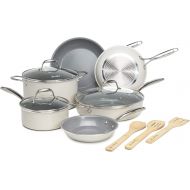 Goodful 12 Piece Cookware Set with Titanium-Reinforced Premium Non-Stick Coating, Dishwasher Safe Pots and Pans, Tempered Glass Steam Vented Lids, Stainless Steel Handles, Cream