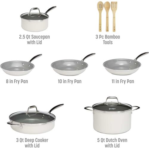  Goodful 12 Piece Cookware Set with Titanium-Reinforced Premium Non-Stick Coating, Dishwasher Safe Pots and Pans, Tempered Glass Steam Vented Lids, Stainless Steel Handles, Cream