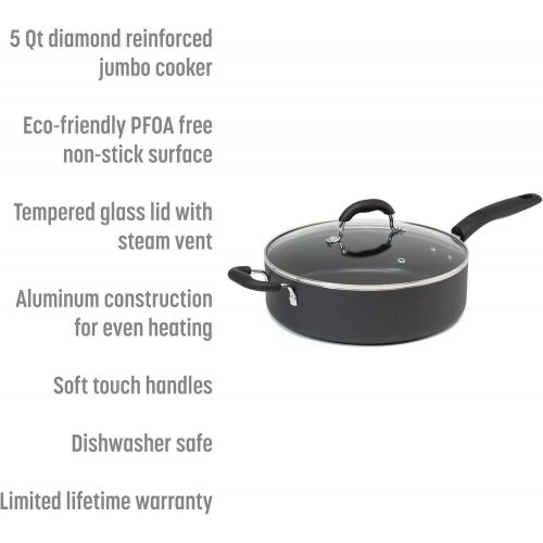  Goodful Aluminum Non-Stick Saute Pan Jumbo Cooker with Helper Handle and Tempered Glass Steam Vented Lid, Made Without PFOA, Dishwasher Safe, 5-Quart, Charcoal Gray