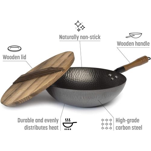  [아마존베스트]Goodful Carbon Steel Wok, Hammered Pow Wok with Wooden Lid, 13, Black