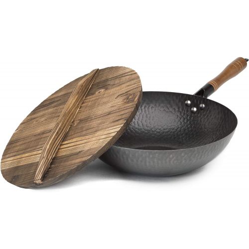  [아마존베스트]Goodful Carbon Steel Wok, Hammered Pow Wok with Wooden Lid, 13, Black