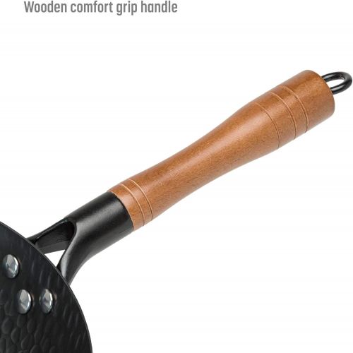  [아마존베스트]Goodful Carbon Steel Wok, Hammered Pow Wok with Wooden Lid, 13, Black