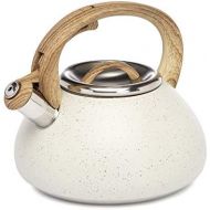 Goodful Stainless Steel Whistling Kettle for Stovetop, Trigger Spout, Wood Look Handle, 2.5 Quarts, Cream Speckle
