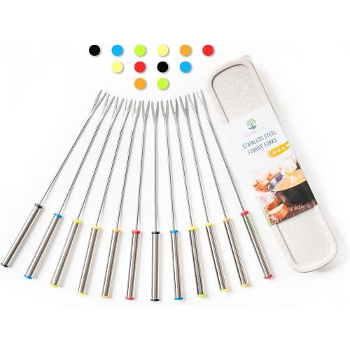  GOODiTREE Fondue Forks Set of 12 with Storage Box Mini Cheese Pot Chocolate Fountain Party Stainless Steel 9.5 Roasting Sticks Dessert Skewers Heat Resistant Multi Color Kitchen Ac