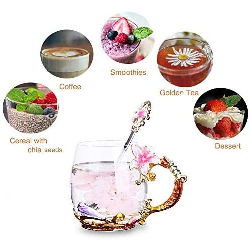  Coffee Mug Tea Cups Flower Glass Tea Mug Spoon Set For Women Grandma Mom Teachers Friend Wife 11oz: Kitchen & Dining