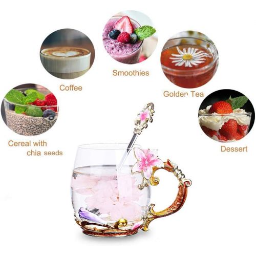  Coffee Mug Tea Cups Flower Glass Tea Mug Spoon Set For Women Grandma Mom Teachers Friend Wife 11oz: Kitchen & Dining