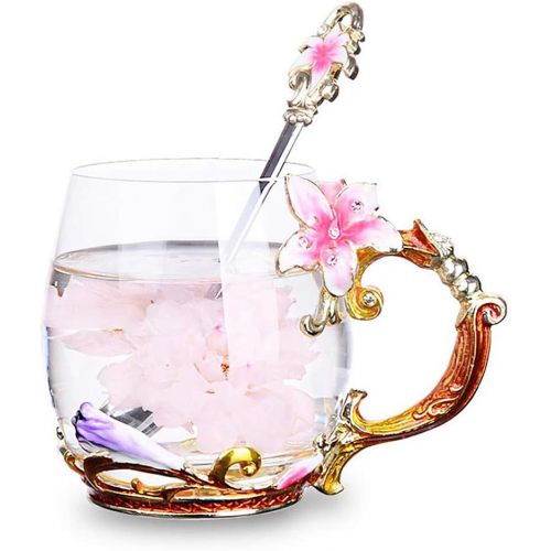  Coffee Mug Tea Cups Flower Glass Tea Mug Spoon Set For Women Grandma Mom Teachers Friend Wife 11oz: Kitchen & Dining