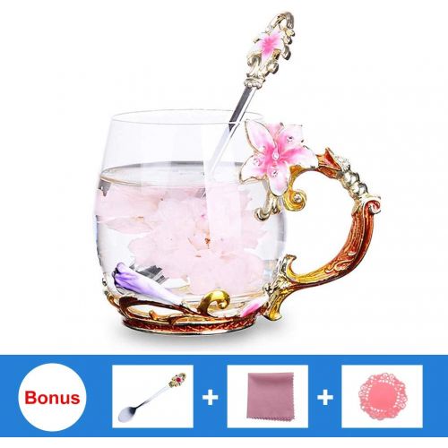  Coffee Mug Tea Cups Flower Glass Tea Mug Spoon Set For Women Grandma Mom Teachers Friend Wife 11oz: Kitchen & Dining