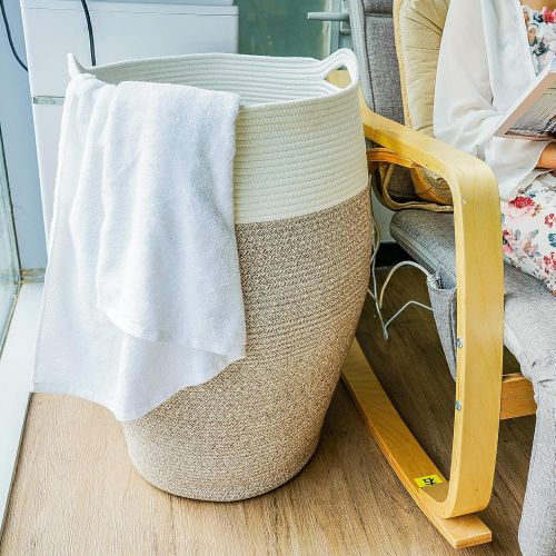  Goodpick Large Laundry Hamper | Woven Cotton Rope Clothes Hamper Tall Laundry Basket, Modern Curver Bucket 25.6 Height