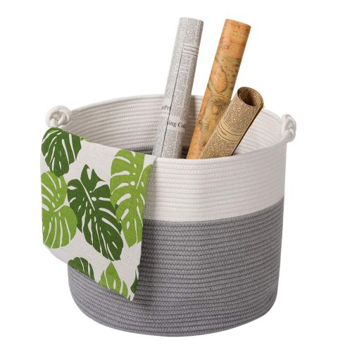  Goodpick Cotton Rope Basket with Handle for Baby Laundry Basket Toy Storage Blanket Storage Nursery Basket Soft Storage Bins-Natural Woven Basket, 15 × 15 × 14.2