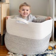 Goodpick Large Basket 23.6D x 14.2H | Jumbo Woven Basket | Cotton Rope Basket | Baby Laundry Basket Hamper with Handles for Comforter, Cushions, Quilt, Toy Bins, Brown Stitch