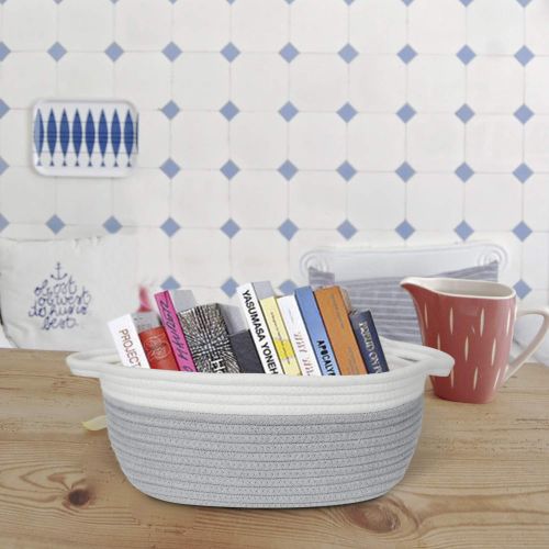  Goodpick Small Woven Basket | Cute Gray Rope Basket | Baby Cotton Basket | Nursery Room Storage Basket | Toy Chest Box with Handles Basket 12x 8 x 5 Oval Candy Color Design