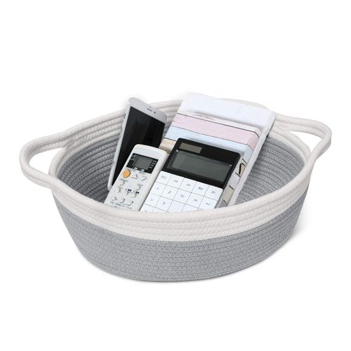  Goodpick Small Woven Basket | Cute Gray Rope Basket | Baby Cotton Basket | Nursery Room Storage Basket | Toy Chest Box with Handles Basket 12x 8 x 5 Oval Candy Color Design