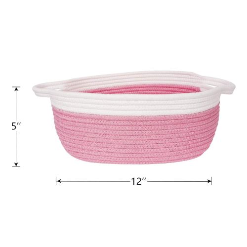  Goodpick Small Woven Basket | Cute Pink Rope Basket | Baby Cotton Basket | Nursery Room Storage Basket | Toy Chest Box with Handles Basket 12x 8 x 5 Oval Candy Color Design