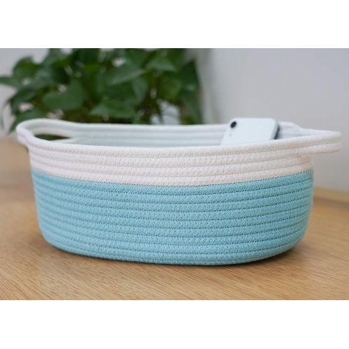  Goodpick Small Woven Basket | Cute Blue Rope Basket | Baby Cotton Basket | Nursery Room Storage Basket | Toy Chest Box with Handles Basket 12x 8 x 5 Oval Candy Color Design