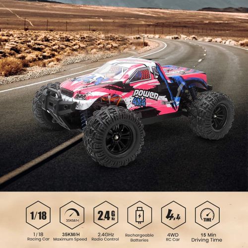  GoolRC Remote Control Car, KY-2819A 1:18 Scale RC Car, 4WD 2.4GHz Off Road Monster RC Truck, 35KM/H High Speed All Terrain Crawler for Kids and Adults (Pink)