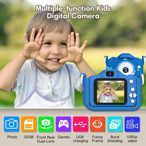  [아마존베스트]Goopow Kids Camera Toys Gifts for Boys, Rechargeable Digital Video Shockproof Camcorder with Front Rear Dual-Lens, Best Birthday for 3-8 Years Old Boys Gifts - 32GB SD Card Included