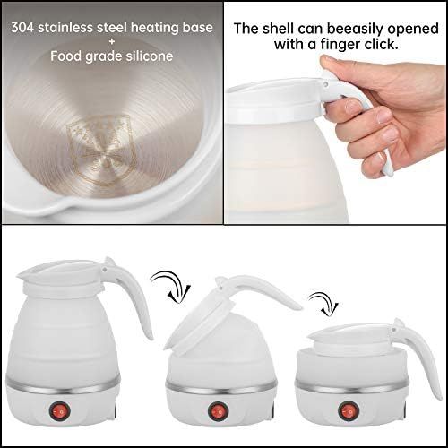  Gootrades Foldable Portable Kettle Travel Kettle - Upgraded Food Grade Silicone, 5 Mins Heater To Quickly Foldable Electric Kettle, White 600ML 110V US Plug