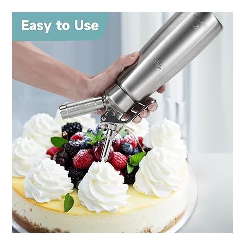  Professional Whipped Cream Dispenser - Stainless Steel Whipped Cream Maker, Large 500ml / 1 Pint Capacity Whip Canister, Includes 3 Various Stainless Culinary Decorating Nozzles and 1 Brush