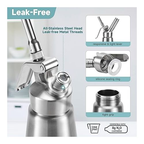  Professional Whipped Cream Dispenser - Stainless Steel Whipped Cream Maker, Large 500ml / 1 Pint Capacity Whip Canister, Includes 3 Various Stainless Culinary Decorating Nozzles and 1 Brush