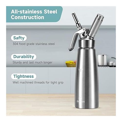  Professional Whipped Cream Dispenser - Stainless Steel Whipped Cream Maker, Large 500ml / 1 Pint Capacity Whip Canister, Includes 3 Various Stainless Culinary Decorating Nozzles and 1 Brush