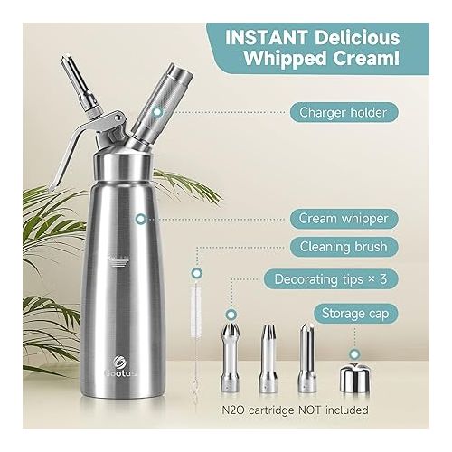  Professional Whipped Cream Dispenser - Stainless Steel Whipped Cream Maker, Large 500ml / 1 Pint Capacity Whip Canister, Includes 3 Various Stainless Culinary Decorating Nozzles and 1 Brush