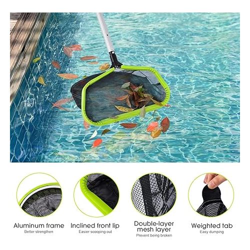  Pool Net, Pool Skimmer Net with Double-Layer Deep Bag, Heavy Duty Aluminum Frame Swimming Pool Leaf Skimmer Rake Net with Fine Mesh, Large Pool Cleaning Net for Pond Spa Pool, Green (No Pole)