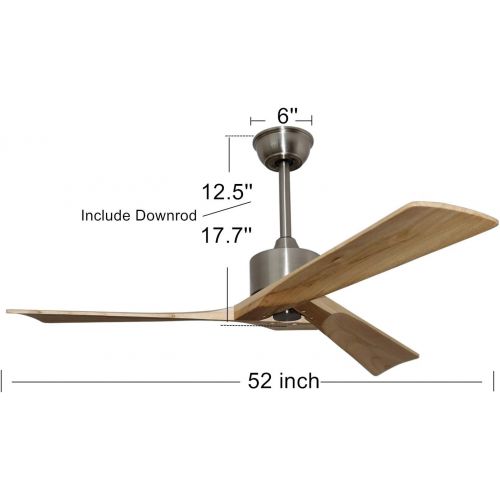  Goozegg Modern Ceiling Fan No Light Remote Control 3 Maple Wood Blades Energy Efficient DC Motor Brushed Nickel, 52-inch