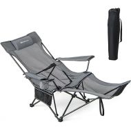 Goplus Reclining Camping Chair with Foot Rest, Folding Lounge Chair for Adults, w/Adjustable Backrest, Storage Bag & Cup Holder, Portable Recliner Beach Chair Outdoor Camp Picnics, 330 LBS (1, Grey)