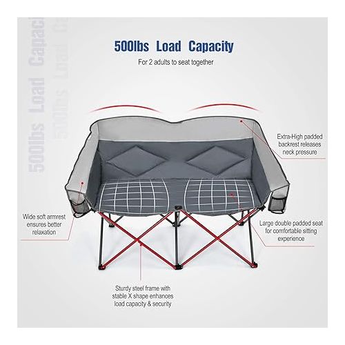  Goplus Loveseat Camping Chair, Double Folding Chair for Adults Couples w/Storage Bags & Padded High Backrest, Oversize Camp Seat for Fishing Picnic (Grey)