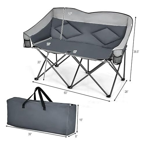  Goplus Loveseat Camping Chair, Double Folding Chair for Adults Couples w/Storage Bags & Padded High Backrest, Oversize Camp Seat for Fishing Picnic (Grey)