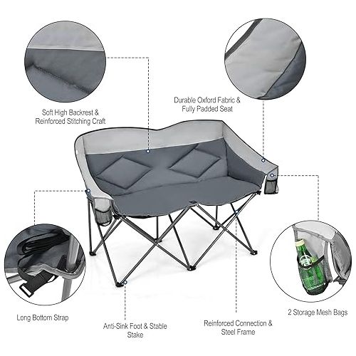  Goplus Loveseat Camping Chair, Double Folding Chair for Adults Couples w/Storage Bags & Padded High Backrest, Oversize Camp Seat for Fishing Picnic (Grey)