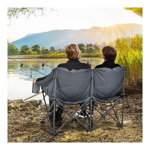  Goplus Loveseat Camping Chair, Double Folding Chair for Adults Couples w/Storage Bags & Padded High Backrest, Oversize Camp Seat for Fishing Picnic (Grey)