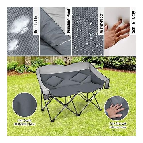  Goplus Loveseat Camping Chair, Double Folding Chair for Adults Couples w/Storage Bags & Padded High Backrest, Oversize Camp Seat for Fishing Picnic (Grey)