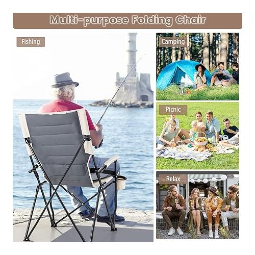  Goplus Camping Chairs, Portable Lumbar Back Beach Chair Heightened Design for Adults w/Cup Holder & Carrying Bag, Folding Chair for Outside, Fishing, Hiking, Picnic, Lawn (330 LBS Weight Capacity) (1)