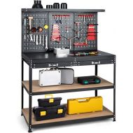 Goplus Work Bench with Pegboard, 48”x24” Work Table with Drawers, 965LBS Capacity, Pegboard, 25 Hanging Accessories, Metal Tool Bench, Heavy Duty Workbench for Garage, Workshop
