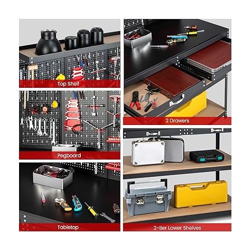  Goplus Work Bench with Pegboard, 48”x24” Work Table with Drawers, 965LBS Capacity, Pegboard, 25 Hanging Accessories, Metal Tool Bench, Heavy Duty Workbench for Garage, Workshop