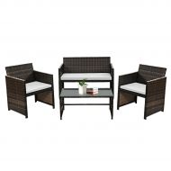 Goplus Rattan Sofa Furniture Set Outdoor Garden Patio 4-Piece Cushioned Seat Mix Brown Wicker