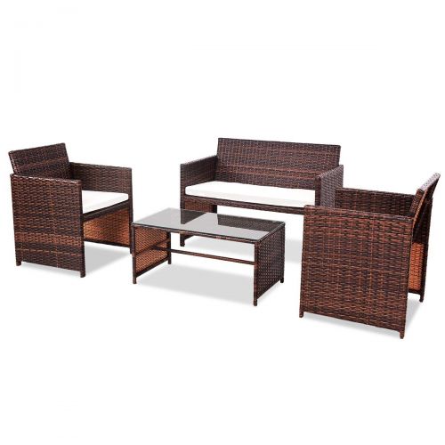  Goplus Rattan Sofa Furniture Set Outdoor Garden Patio 4-Piece Cushioned Seat Mix Brown Wicker