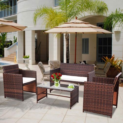  Goplus Rattan Sofa Furniture Set Outdoor Garden Patio 4-Piece Cushioned Seat Mix Brown Wicker