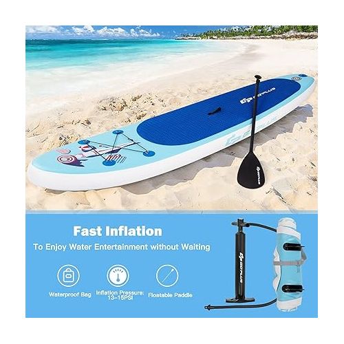  Goplus 10/ 11FT Inflatable Stand up Paddle Board Latest Inkjet Process Anti-Fading 6.5” Thick SUP with 3 Fins, Non-Slip Deck, Adjustable Paddle, Hand Pump, Carry Bag, Leash