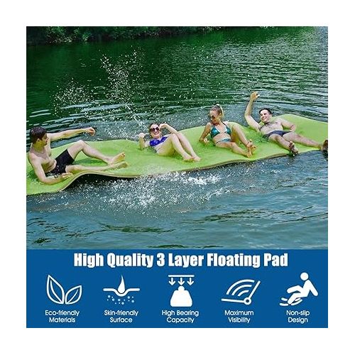  Goplus 12' x 6’ Floating Water Pad, 3-Layer Tear-Resistant XPE Foam Mat, with Mooring Device and Hook- Loop Straps Roll-Up Floating Island for 4-6 Person on Pool Lake Ocean