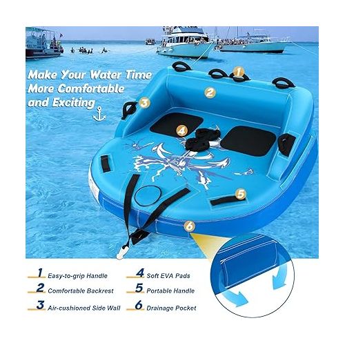  Goplus Inflatable Towable Tubes for Boating, 1-2/1-3 Riders Water Sport Towables for Boat to Pull, Sofa Style Boat Tube with Drainage, Dual Front and Back Tow Points