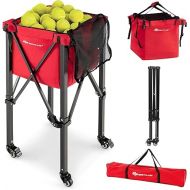 Goplus Foldable Tennis Ball Hopper, Lightweight Aluminum Tennis Ball Basket with Wheels, Removable Bag, Side Pockets, Carry Bag, Portable Sports Teaching Cart Holds 150 Tennis Balls