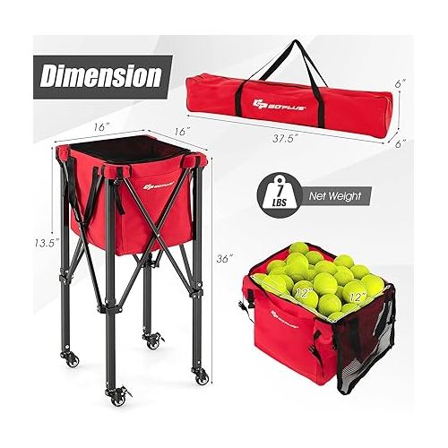  Goplus Foldable Tennis Ball Hopper, Lightweight Aluminum Tennis Ball Basket with Wheels, Removable Bag, Side Pockets, Carry Bag, Portable Sports Teaching Cart Holds 150 Tennis Balls