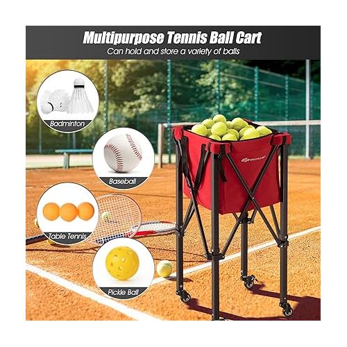  Goplus Foldable Tennis Ball Hopper, Lightweight Aluminum Tennis Ball Basket with Wheels, Removable Bag, Side Pockets, Carry Bag, Portable Sports Teaching Cart Holds 150 Tennis Balls