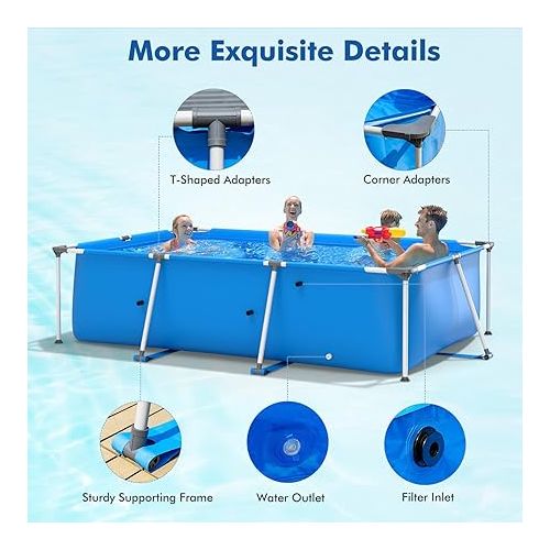  Goplus Frame Swimming Pool, 10ft x 6.7ft x 30in Rectangular Above Ground Pools W/Steel Frame, Pool Cover, Easy Setup & Drainage, Family Pool for Backyard, Garden,Patio, Balcony (Blue)