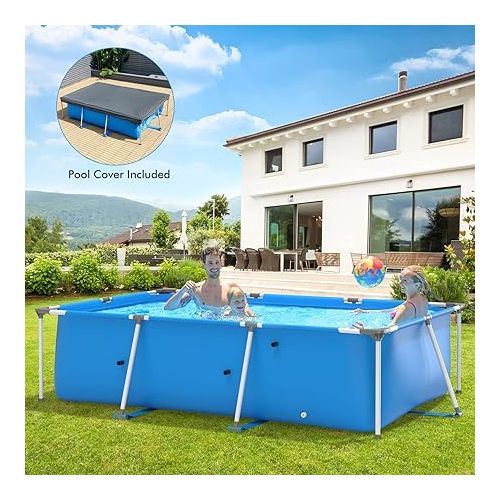  Goplus Frame Swimming Pool, 10ft x 6.7ft x 30in Rectangular Above Ground Pools W/Steel Frame, Pool Cover, Easy Setup & Drainage, Family Pool for Backyard, Garden,Patio, Balcony (Blue)