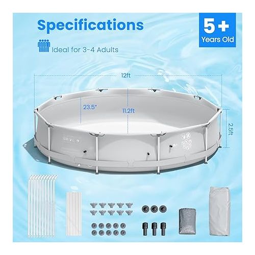  Goplus Above Ground Swimming Pool, 12ft x 12ft x 30inch Outdoor Steel Frame Pool W/Pool Cover, Reinforced Steel Frame, Round Swimming Pool for Backyard, Garden, Patio, Balcony (Gray)